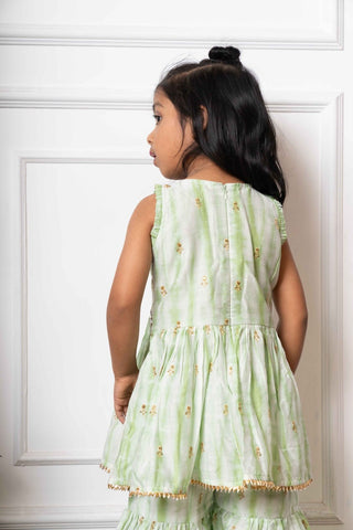 Mint Green Peplum Top and Sharara Set with Golden Embroidery for Kids - Kirti Agarwal