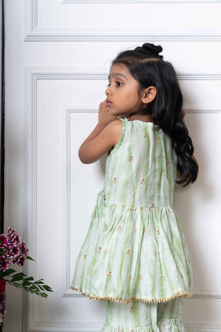 Mint Green Peplum Top and Sharara Set with Golden Embroidery for Kids - Kirti Agarwal