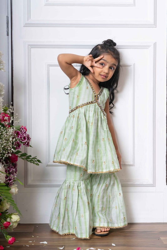 Mint Green Peplum Top and Sharara Set with Golden Embroidery for Kids - Kirti Agarwal