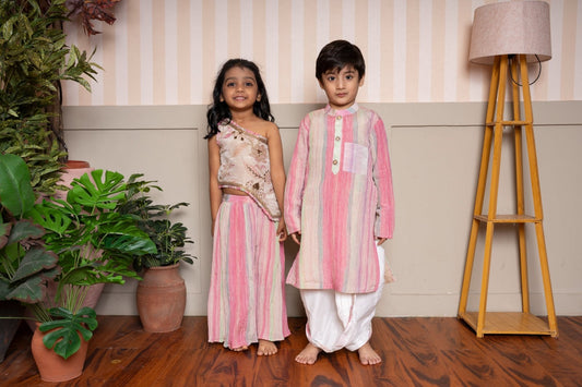 Multicolor Crush Tissue Kurta With Dhoti & Beige Embroidered Top With Crush Tissue Palazzo - Kirti Agarwal