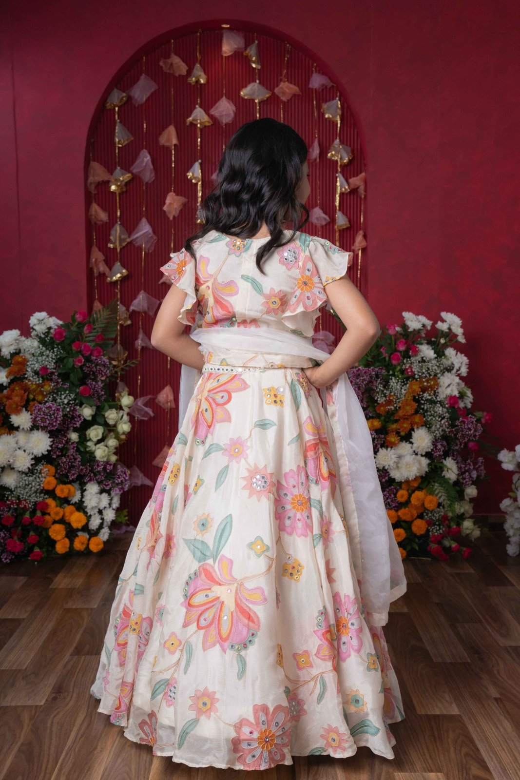 Multicolour Floral Printed And Embroidered Ivory Top With Matching Lehenga And Dupatta - Kirti Agarwal