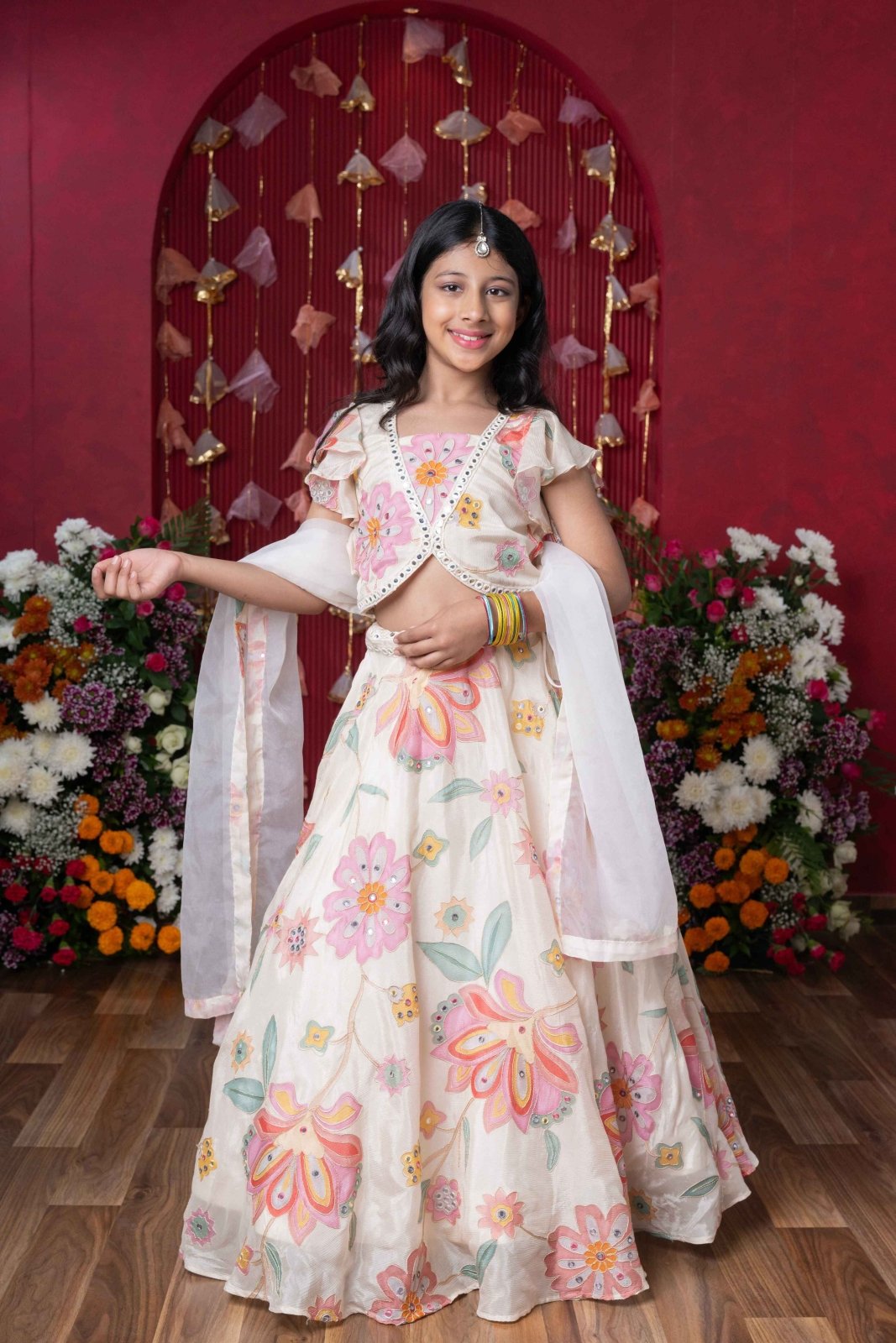 Multicolour Floral Printed And Embroidered Ivory Top With Matching Lehenga And Dupatta - Kirti Agarwal