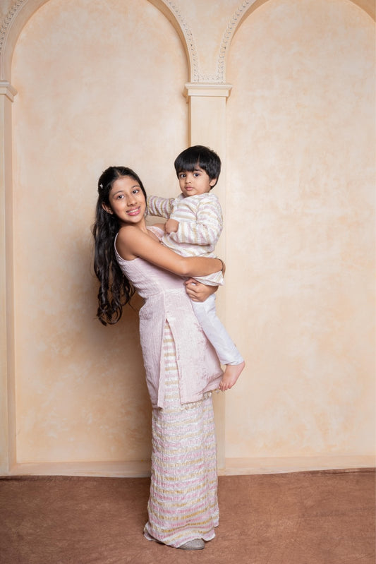 Multicolour Shimmer Stripe Kurta And Pyjama & Sleeveless Beads Embroidered Embellished Kurti With Shimmery Palazzo - Kirti Agarwal