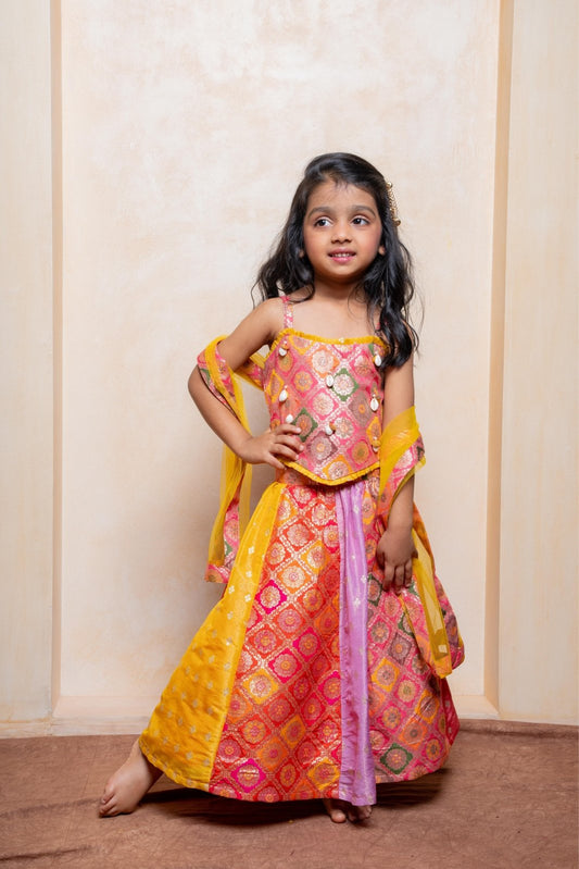 Brocade Top With Lehenga & Multicolour Strappy Brocade Top With Lehenga