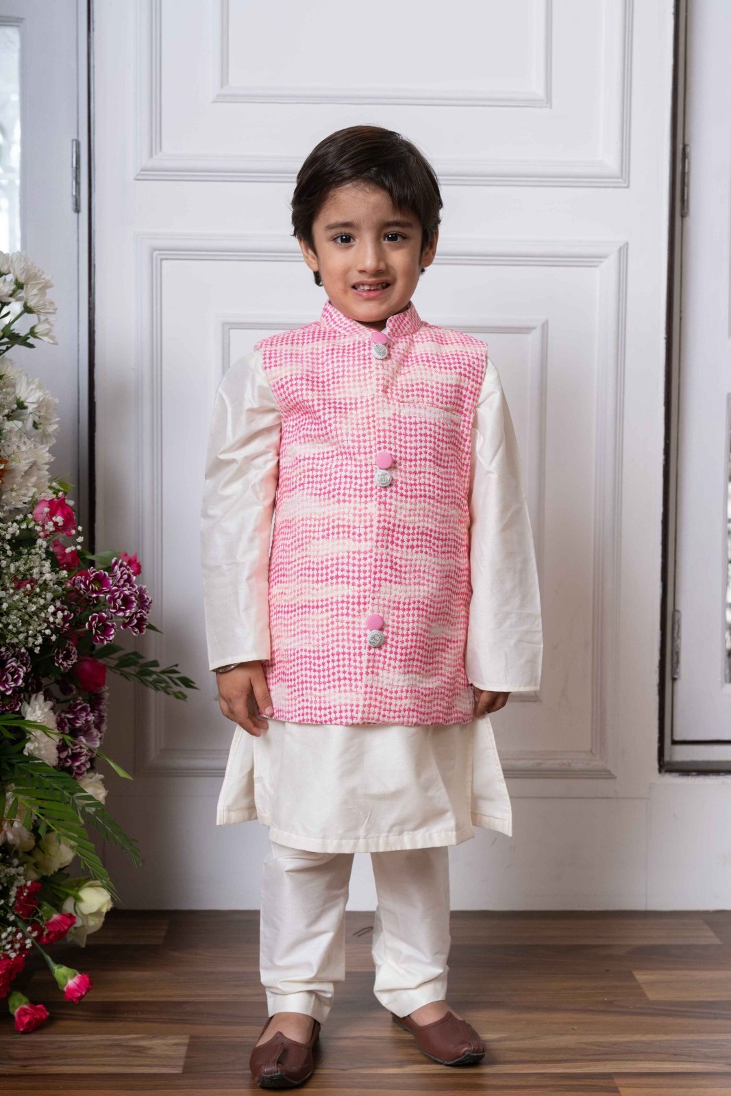 Off White Kurta With Embroidered Jacket And Pyjama - Kirti Agarwal