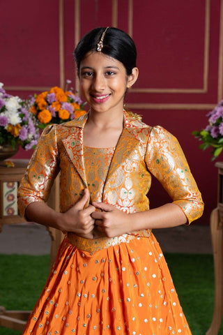 Orange Brocade Jacket Style Top And Lehenga - Kirti Agarwal