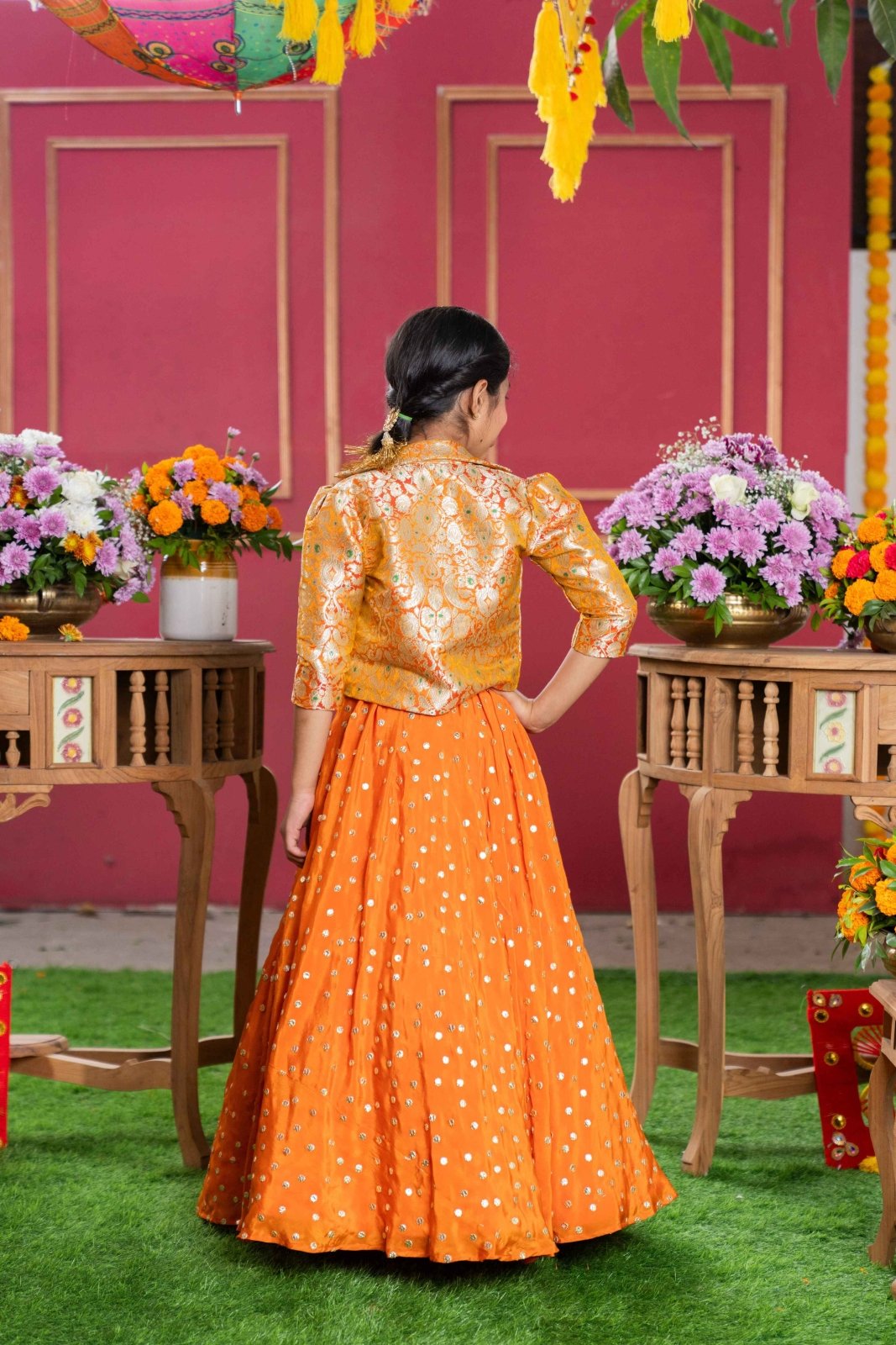 Orange Brocade Jacket Style Top And Lehenga - Kirti Agarwal