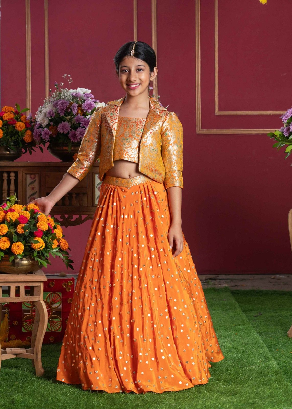 Orange Brocade Jacket Style Top And Lehenga - Kirti Agarwal