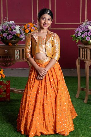 Orange Brocade Jacket Style Top And Lehenga - Kirti Agarwal