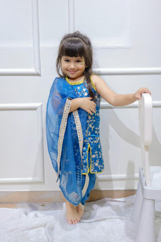 Peacock Blue Embroidered Silk Kurta with dhoti and Dupatta - Kirti Agarwal