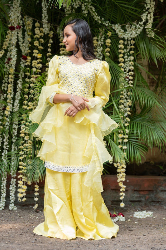 Pearl and Mirror work Kurta with Palazzo and Ruffle Dupatta - Kirti Agarwal