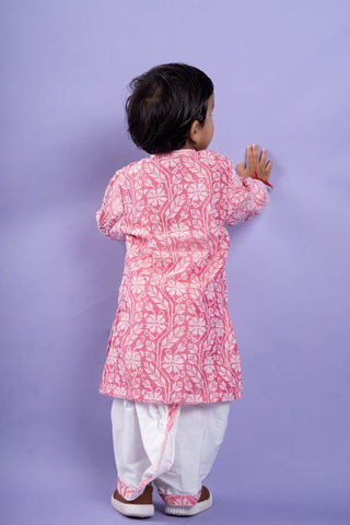 Pink and white floral kurta with classic white dhoti pants, a festive favorite for little ones - Kirti Agarwal