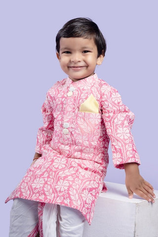 Pink and white floral kurta with classic white dhoti pants, a festive favorite for little ones - Kirti Agarwal