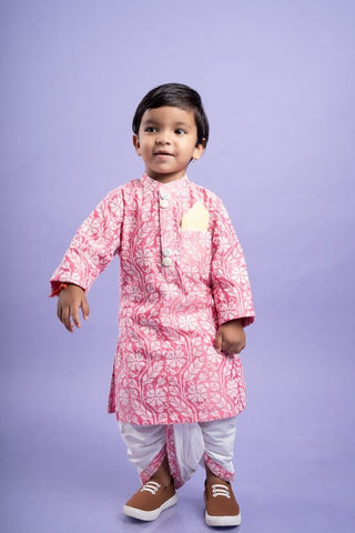 Pink and white floral kurta with classic white dhoti pants, a festive favorite for little ones - Kirti Agarwal