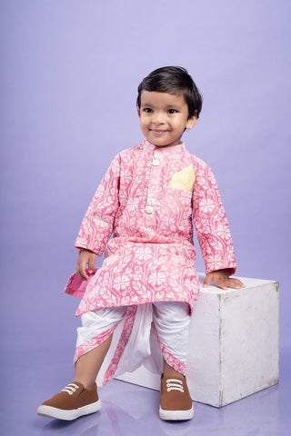 Pink and white floral kurta with classic white dhoti pants, a festive favorite for little ones - Kirti Agarwal