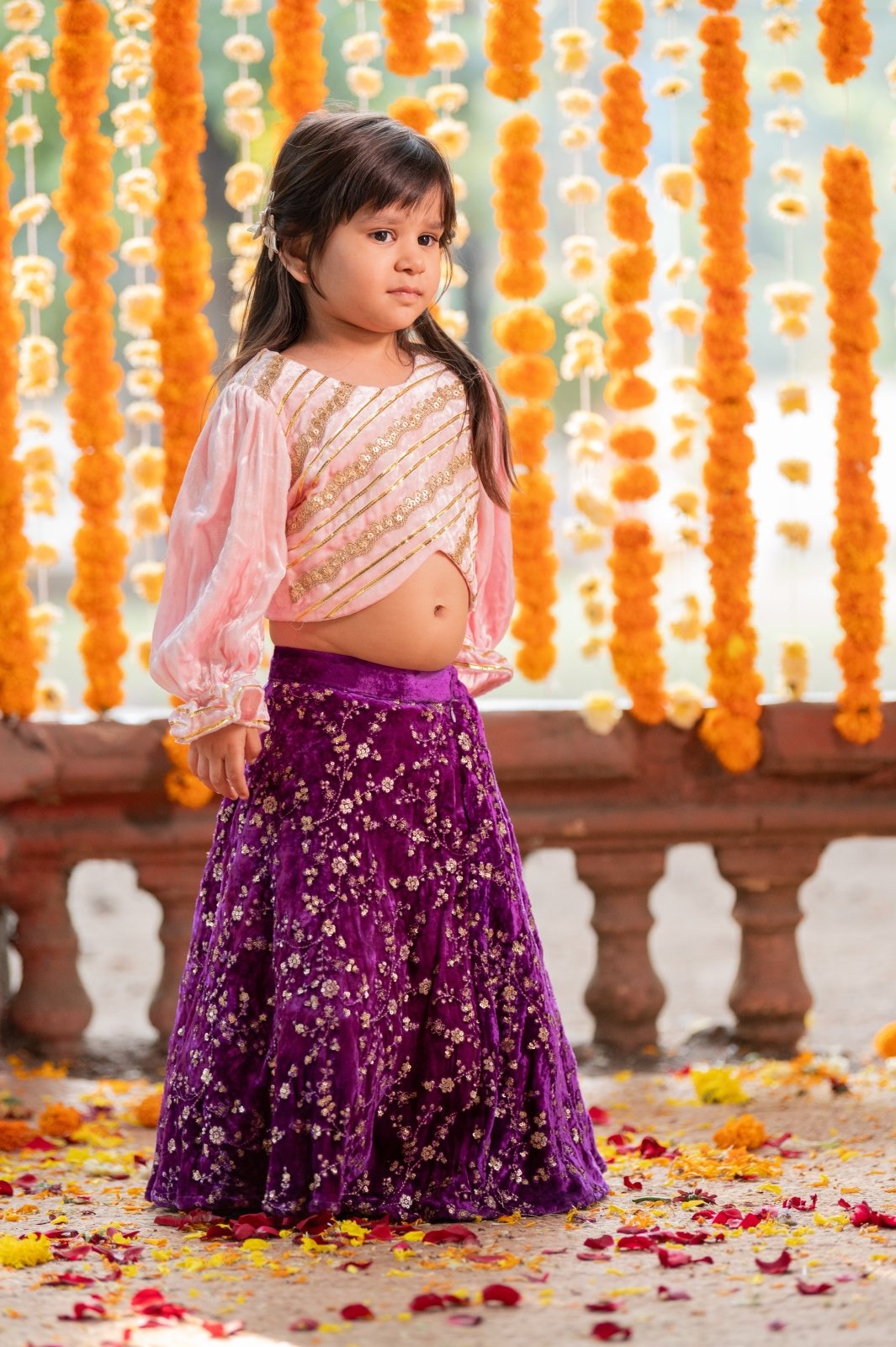 Pink Embroidered Velvet Top with Purple Ghagra - Kirti Agarwal