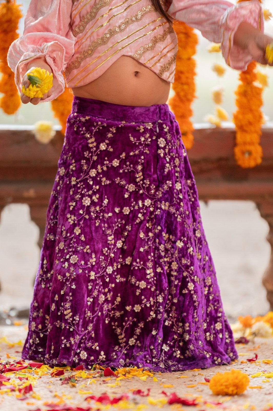 Pink Embroidered Velvet Top with Purple Ghagra - Kirti Agarwal