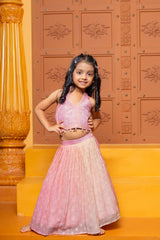 Pink Halter Neck Top With Ombre Lehenga & Kurta With Off White Pyjama