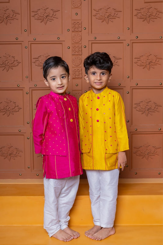 Pink Kurta With Polka Dots Embroidered Jacket And Pyjama & Faux Jacket Style Faux Mirror Embroidered Kurta And Pyjama - Kirti Agarwal