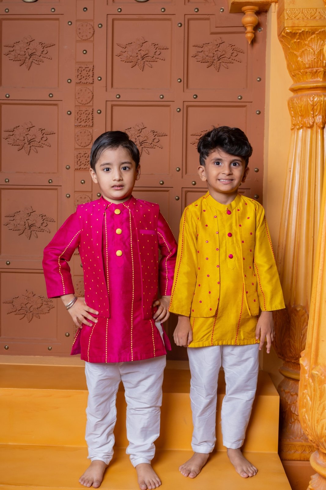 Pink Kurta With Polka Dots Embroidered Jacket And Pyjama & Faux Jacket Style Faux Mirror Embroidered Kurta And Pyjama - Kirti Agarwal