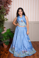 Powder blue embroidered lehenga set with ruffle crop top & Sky blue floral embroidered kurta set - Kirti Agarwal