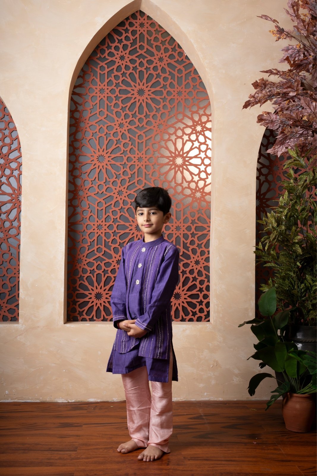 Purple kurti with peach tulip pants and Purple kurta and peach pant set for boys. - Kirti Agarwal