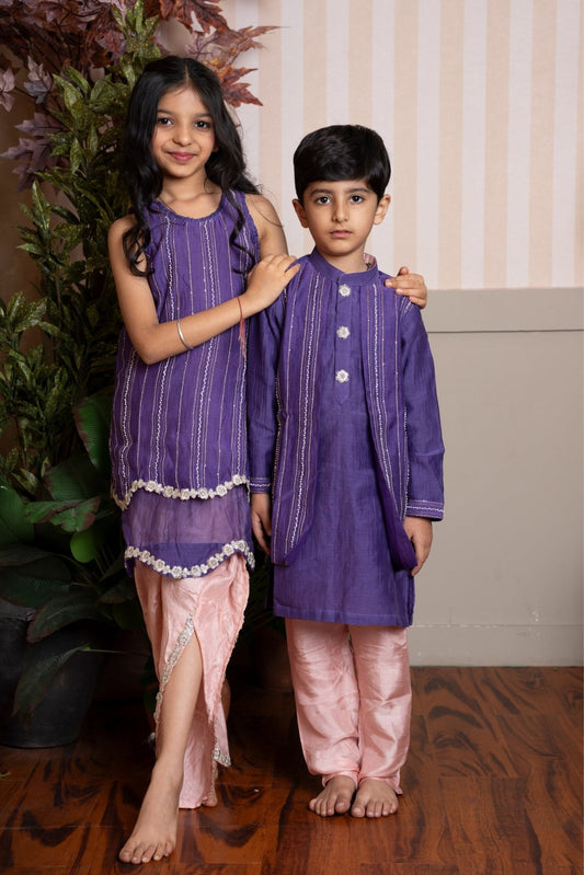 Purple kurti with peach tulip pants and Purple kurta and peach pant set for boys. - Kirti Agarwal