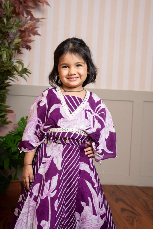 Purple Stylish Printed Embellished Top And Flared Lehenga - Kirti Agarwal