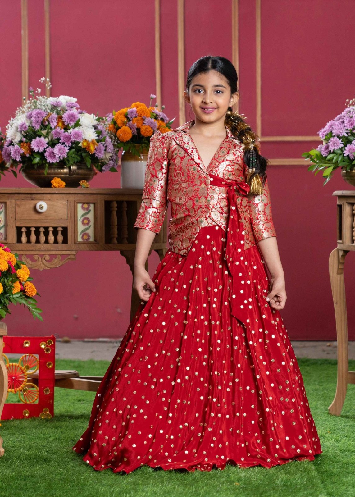 Red Brocade Jacket Style Top And Lehenga - Kirti Agarwal