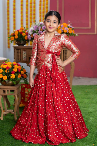 Red Brocade Jacket Style Top And Lehenga - Kirti Agarwal