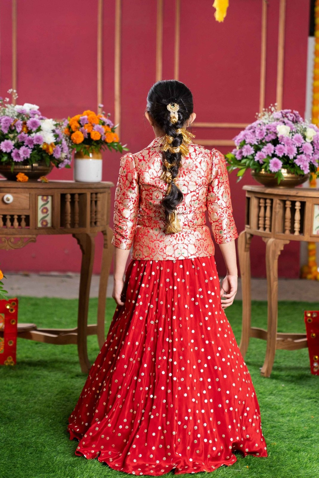 Red Brocade Jacket Style Top And Lehenga - Kirti Agarwal