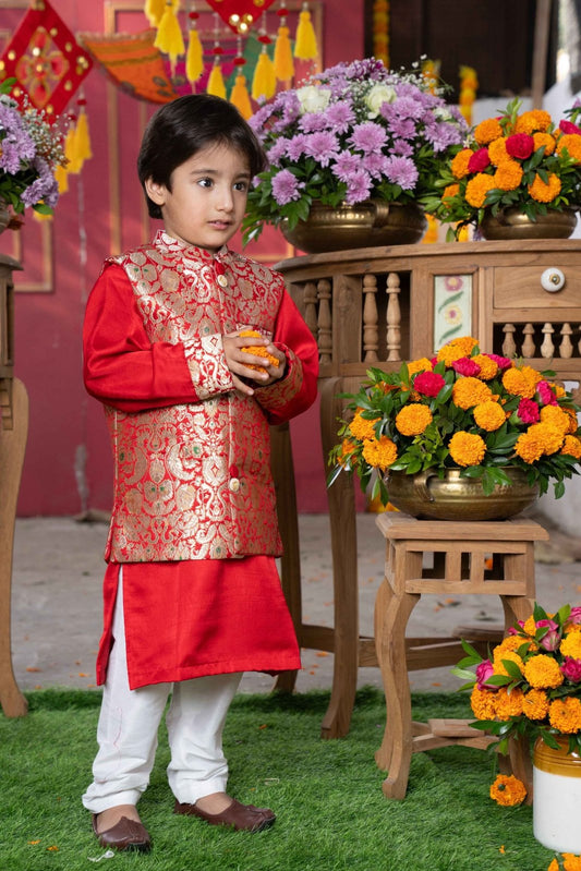 Red Kurta With Brocade Jacket And Pyjama - Kirti Agarwal