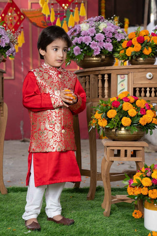 Red Kurta With Brocade Jacket And Pyjama