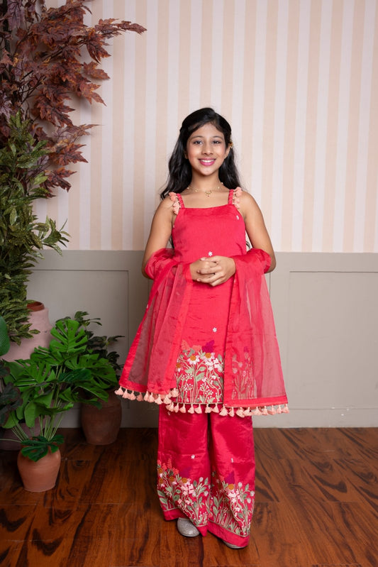 Red Kurta With Front Open Floral Embroidered Jacket And Pyjama & Red Sleeveless Floral Embroidered Kurti With Palazzo And Dupatta - Kirti Agarwal