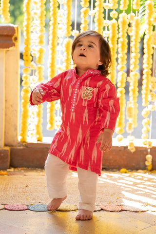 Red Printed Ikkat Kurta With Pyjama