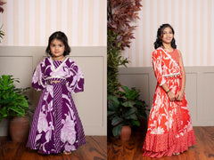 Red Stylish Printed Embellished Top And Flared Lehenga & Purple Stylish Printed Embellished Top And Flared Lehenga - Kirti Agarwal