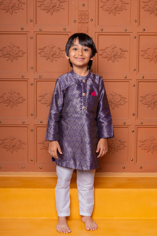 Regal 3 - piece brocade silk set with crop top, palazzo, and tassel jacket & Royal purple silk kurta with white churidar - Kirti Agarwal