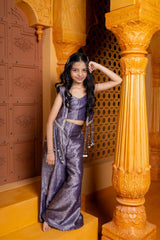 Regal 3 - piece brocade silk set with crop top, palazzo, and tassel jacket & Royal purple silk kurta with white churidar - Kirti Agarwal
