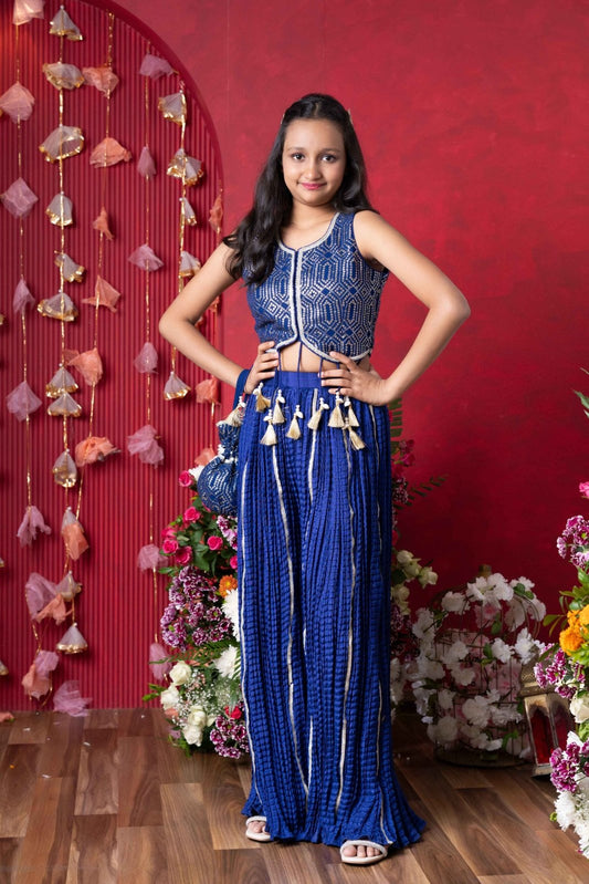 Royal Blue Embroidered Crop Top and Tassel - Adorned Sharara Set with Matching Potli – Perfect for Weddings, Parties, and Festive Celebrations - Kirti Agarwal