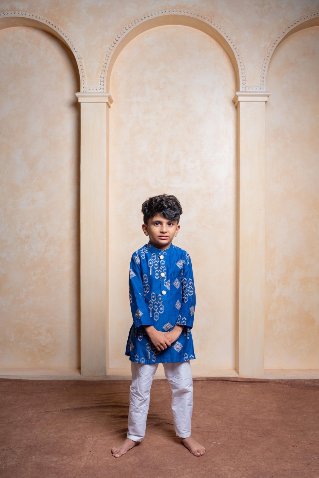 Royal blue embroidered kurta with white pajama – a timeless ethnic outfit to make your little one shine at every festive occasion - Kirti Agarwal