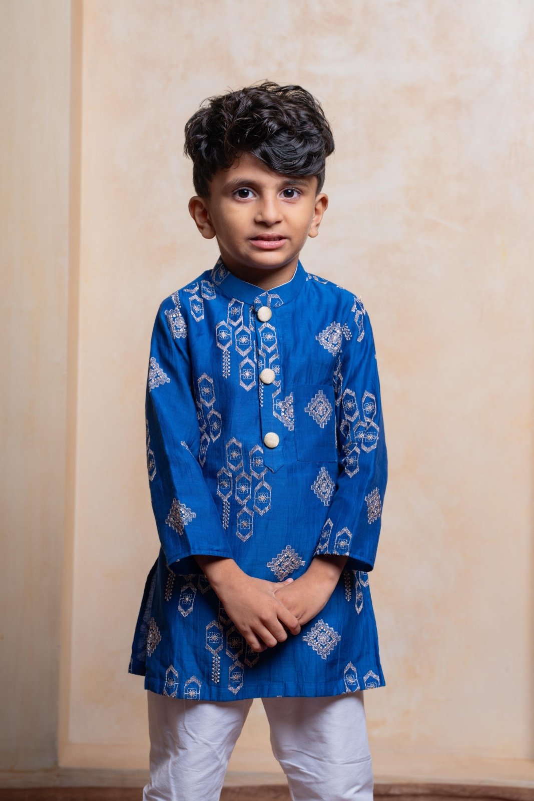 Royal blue embroidered kurta with white pajama – a timeless ethnic outfit to make your little one shine at every festive occasion - Kirti Agarwal