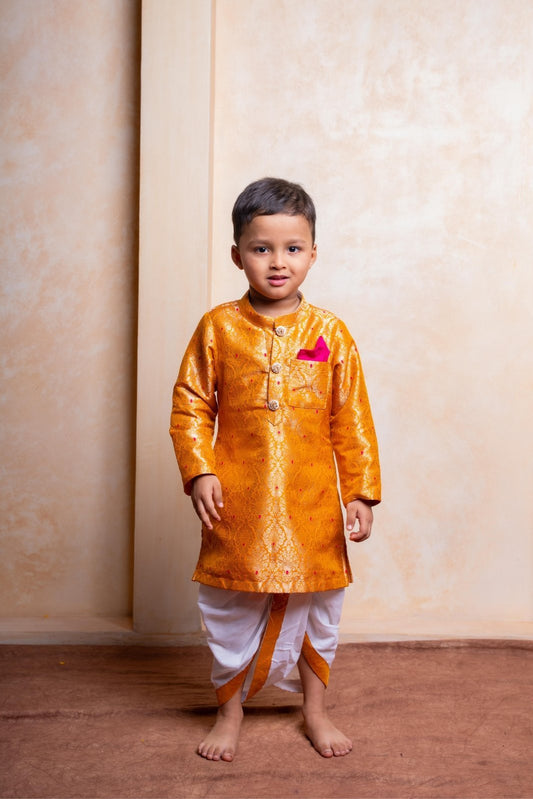 Royal golden silk kurta with traditional dhoti & Girls Golden - Orange Brocade Crop Top with Embroidered Palazzo Pants - Kirti Agarwal