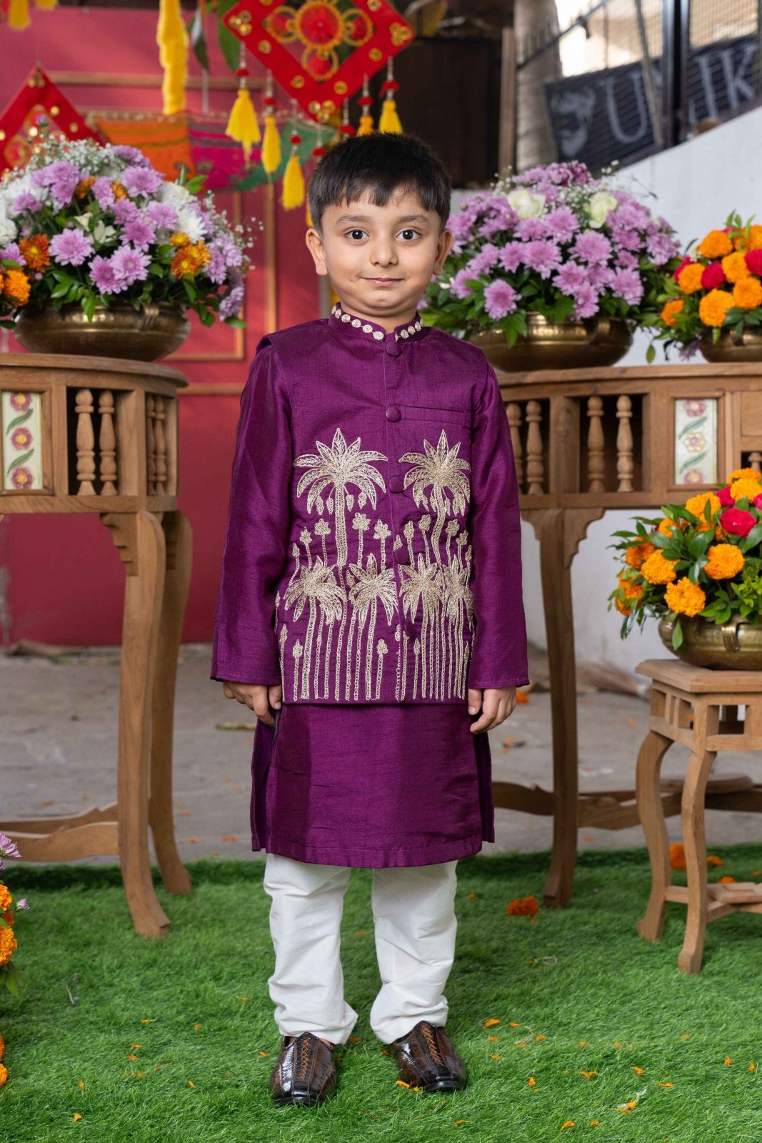 Royal Purple Silk Kurta with Gold Embroidered Nehru Jacket and White Pants – Perfect for Weddings, Festive Celebrations, and Special Occasions - Kirti Agarwal