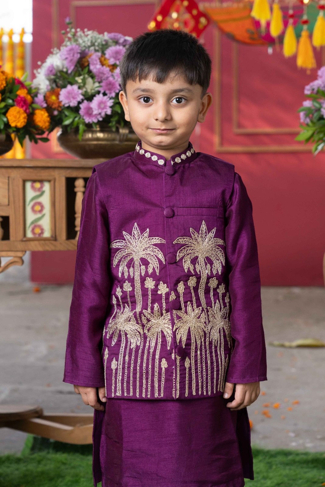 Royal Purple Silk Kurta with Gold Embroidered Nehru Jacket and White Pants – Perfect for Weddings, Festive Celebrations, and Special Occasions - Kirti Agarwal