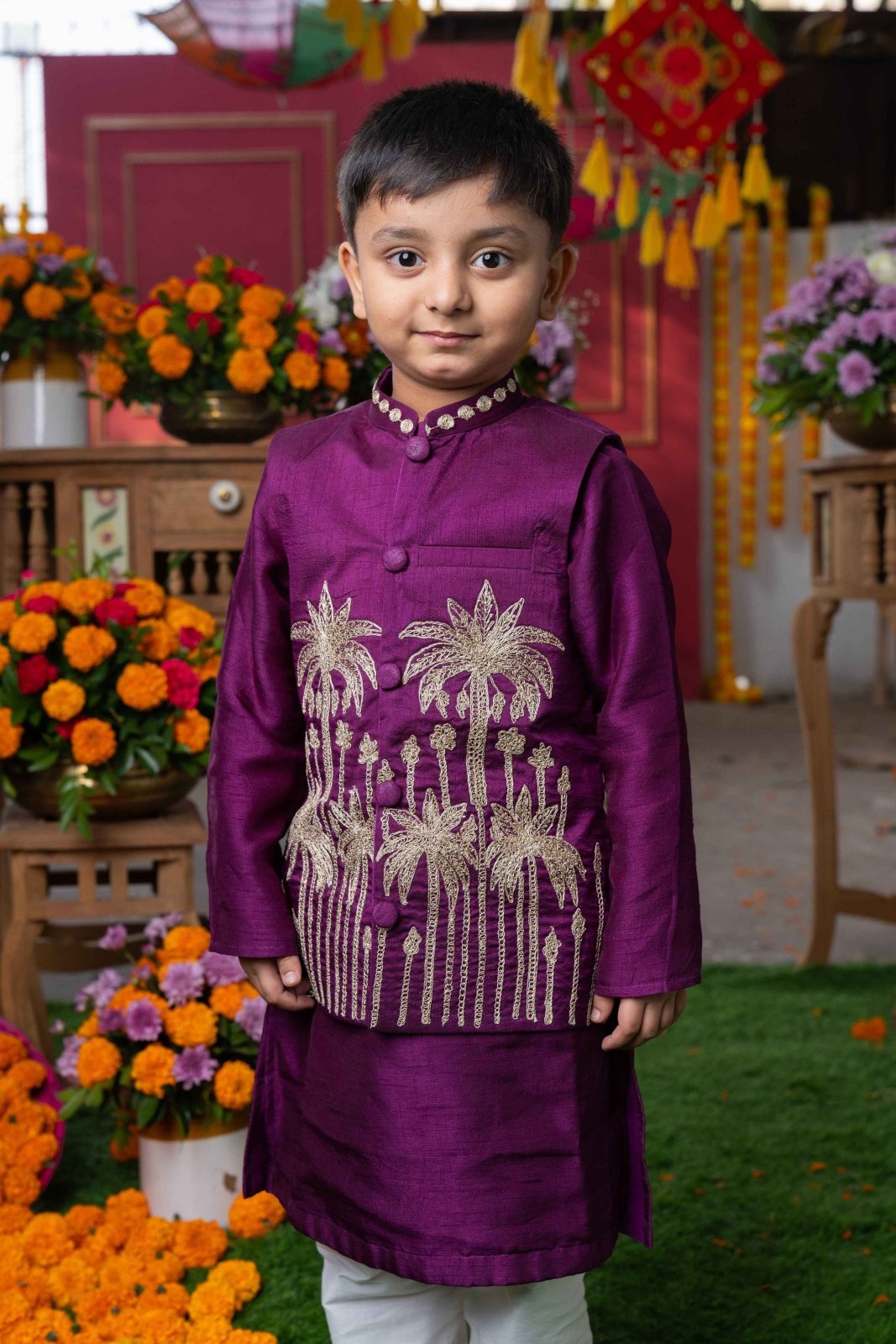 Royal Purple Silk Kurta with Gold Embroidered Nehru Jacket and White Pants – Perfect for Weddings, Festive Celebrations, and Special Occasions - Kirti Agarwal