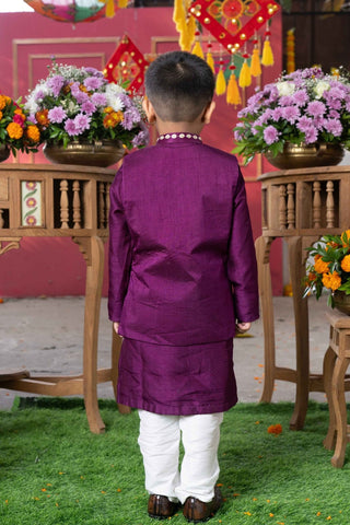 Royal Purple Silk Kurta with Gold Embroidered Nehru Jacket and White Pants – Perfect for Weddings, Festive Celebrations, and Special Occasions - Kirti Agarwal