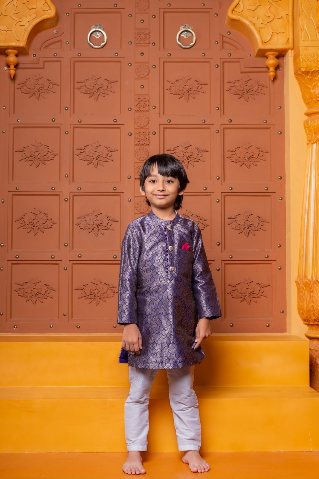 Royal purple silk kurta with white churidar – a perfect ethnic outfit for boys to shine at weddings and festive celebrations - Kirti Agarwal