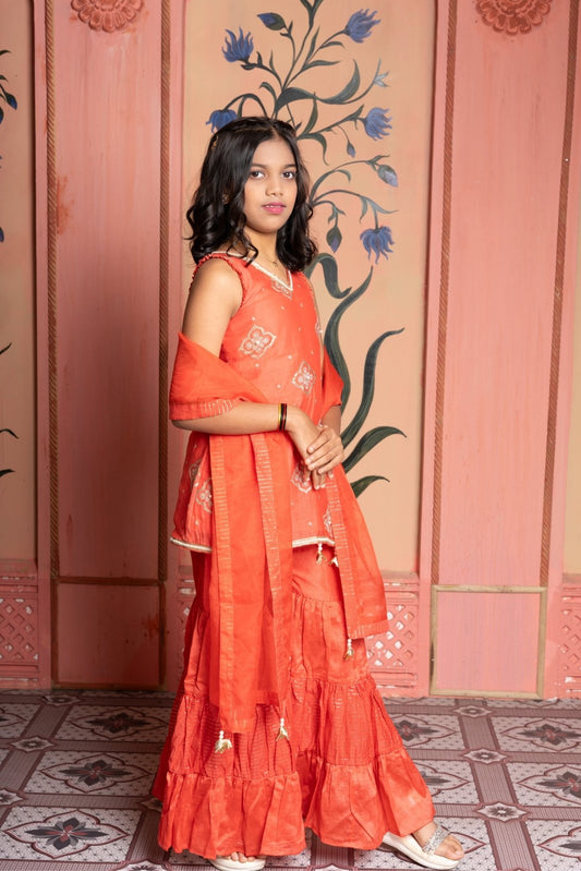 Rust - orange embroidered kurta & embroidered sharara set with gota detailing and tassel dupatta. - Kirti Agarwal