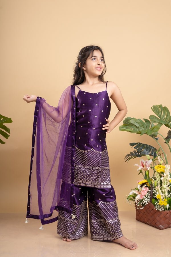 Sequins And Thread Embroidered Purple Strappy Kurti With Palazzo And Net Dupatta - Kirti Agarwal