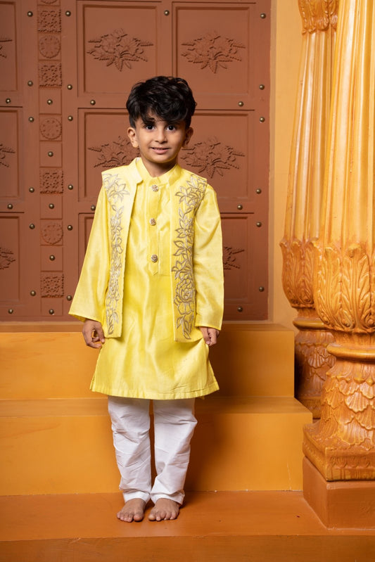 Sleeveless Embroidered Stylish Hem Top With Palazzo & Yellow Kurta With Embroidered Jacket And White Pyjama - Kirti Agarwal